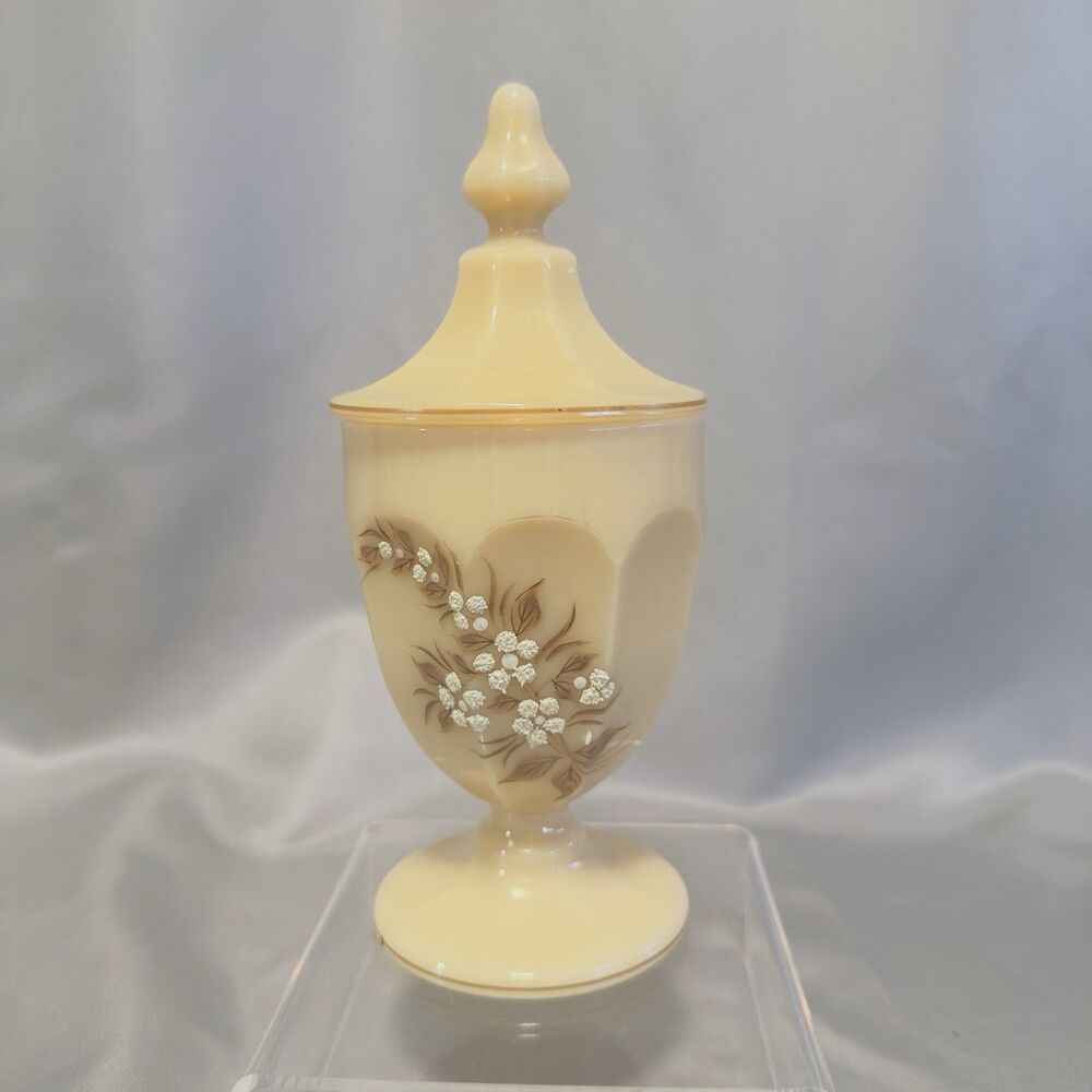 Westmoreland Slag Glass Almond Beaded Bouquet Colonial Candy Dish w Lid Compote